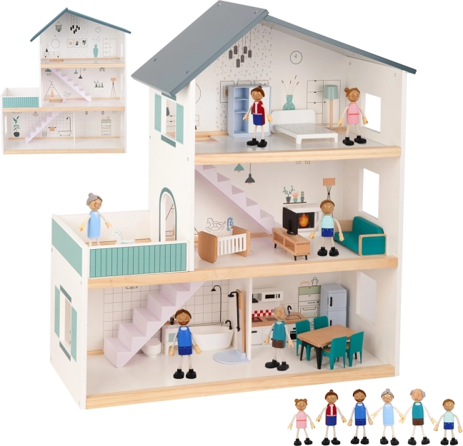 Căsuță mare din lemn pentru păpuși cu figurine FSC TOOKY TOY