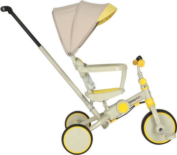 Tricicletă pentru copii TRIKE FIX V4 6‑în‑1 cu tijă de ghidare și copertină – galben-gri