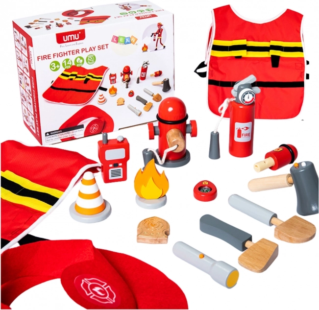 Set pompieri pentru copii cu costum și accesorii din lemn