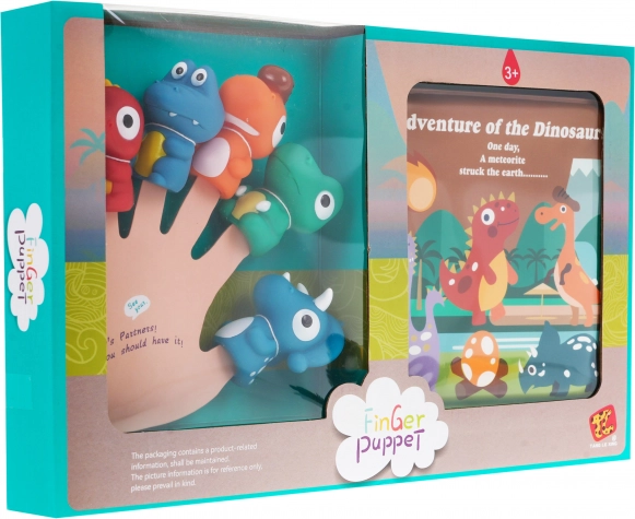 Set de 5 marionete pentru degete din cauciuc (dinozauri) cu cărticică moale, 3+, rezistente la apă