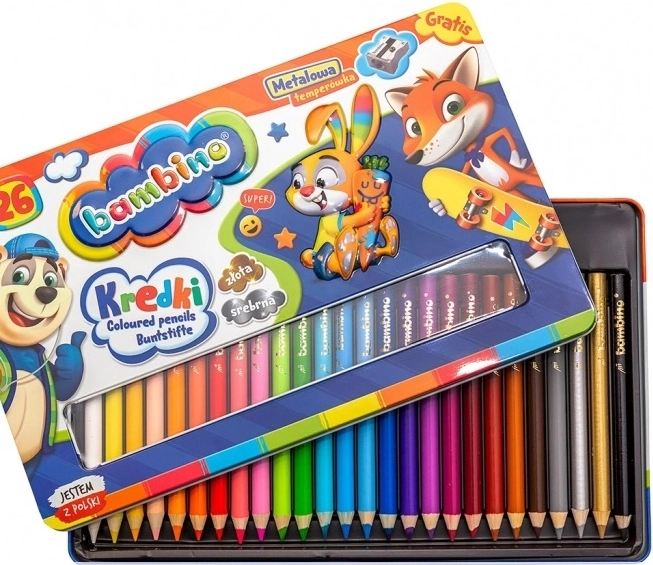 Creioane colorate BAMBINO în cutie de metal cu 26 de culori