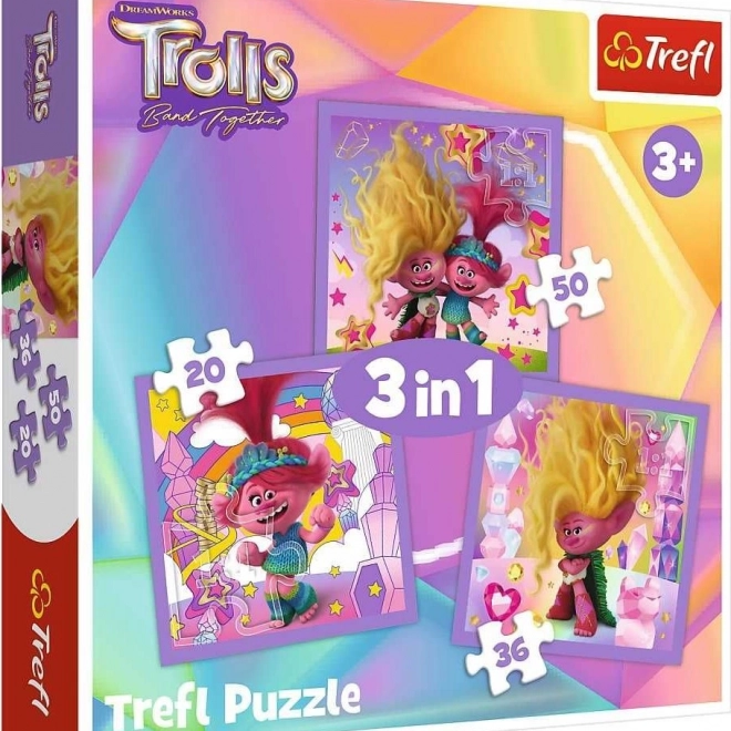 Puzzle Trefl Trolli 3‑în‑1 – Faceți cunoștință cu Trollii (20, 36 și 50 piese)