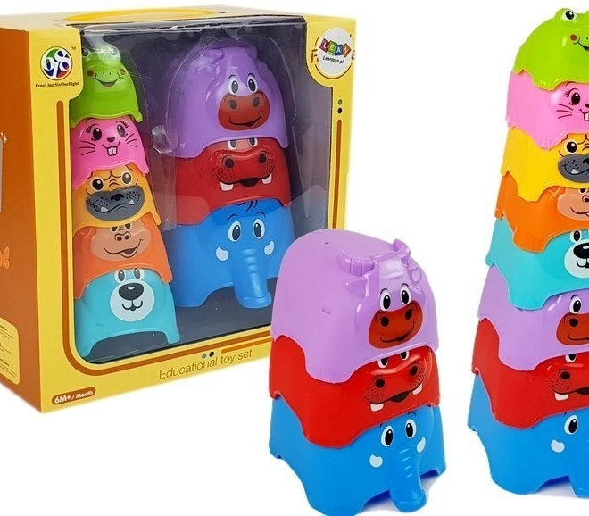Piramidă cu căni din plastic pentru bebeluși Animăluțe