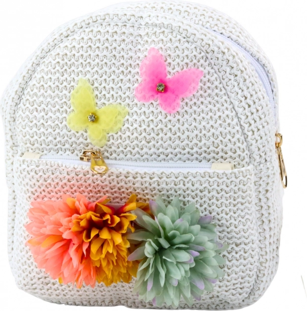 Rucsac bej pentru copii cu broderie de fluturi și flori