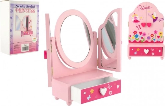 Oglindă de toaletă pentru copii cu cutie de bijuterii Princess, din lemn, roz