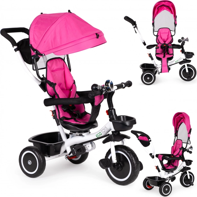 Tricicletă pentru copii cu scaun rotativ și acoperiș roz ECO TOYS