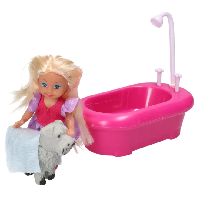 Mini set de păpușă cu cadă și cățel alb