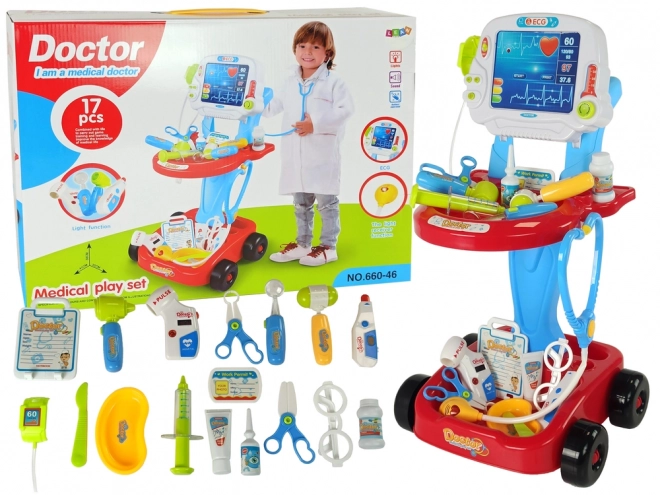 Set de joacă doctor pe cărucior cu 17 piese EKG