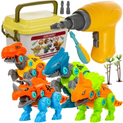 Set de construcție dinozauri 4în1 cu bormașină și șurubelniță pentru copii