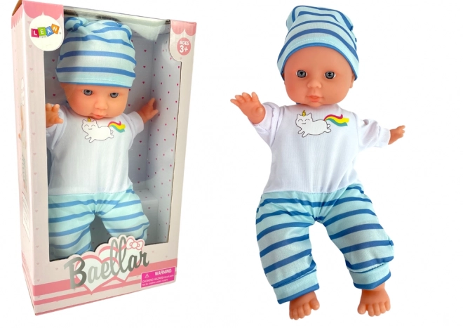Lalușă băiețel cu pijama albastră cu dungi 30 cm