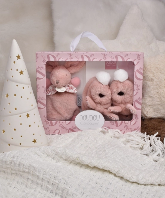 Set doudou iepuraș de pluș și botosei roz