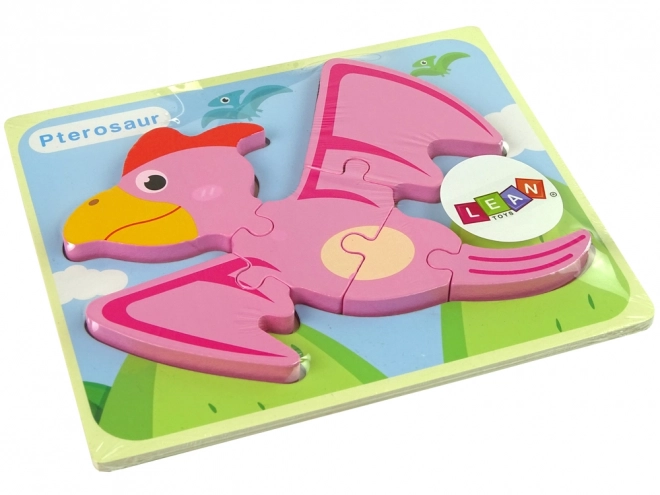 Puzzle din lemn dinozaur pterodactil roz sau pliozaur albastru