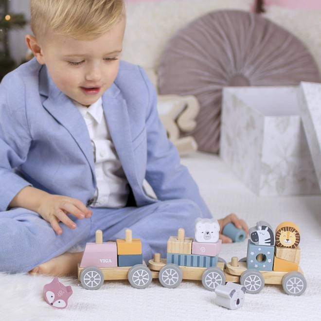 Jucărie din lemn trenuleț cu blocuri și animăluțe Montessori