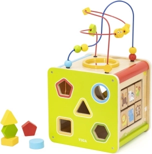 cub educațional din lemn 5-în-1 cu labirint, forme și xilofon