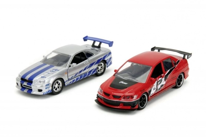 Set mașini Fast & Furious Mitsubishi Lancer Evo IX și Nissan Skyline GTR R34 la scară 1:32