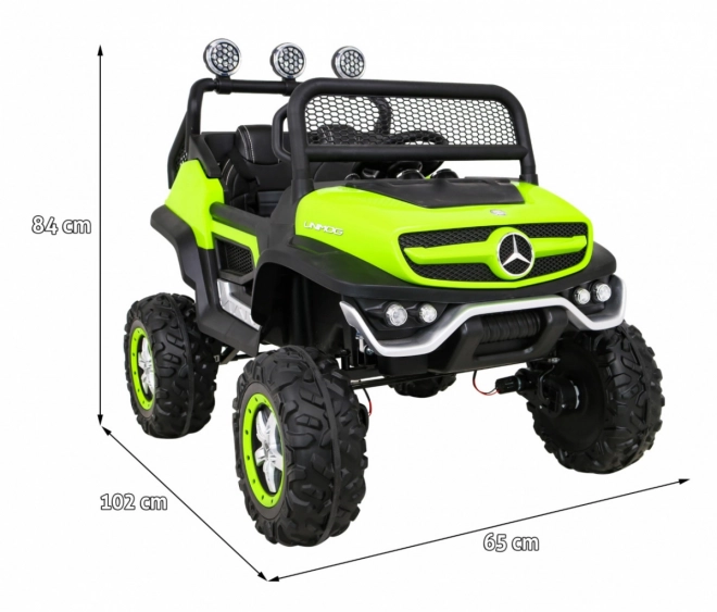 Mercedes Benz Unimog pentru copii Verde + tracțiune 4x4 + telecomandă + spațiu pentru bagaje + pornire lentă + MP3 LED