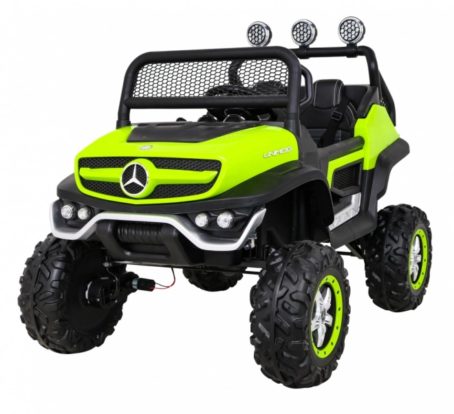 Mercedes Benz Unimog pentru copii Verde + tracțiune 4x4 + telecomandă + spațiu pentru bagaje + pornire lentă + MP3 LED