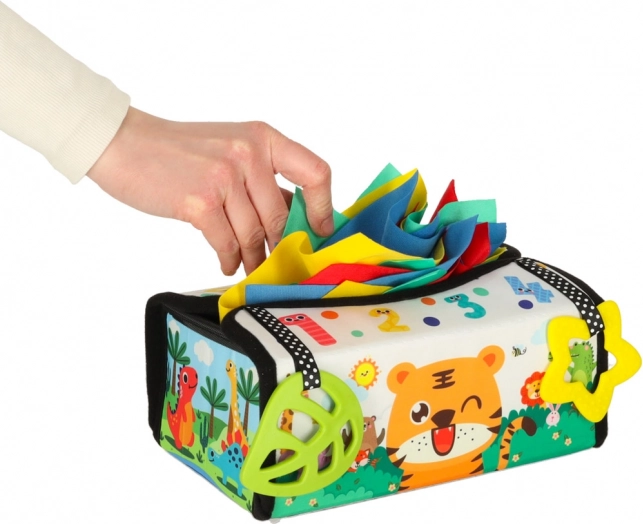 Jucărie senzorială Montessori cu batiste și covoraș 2în1