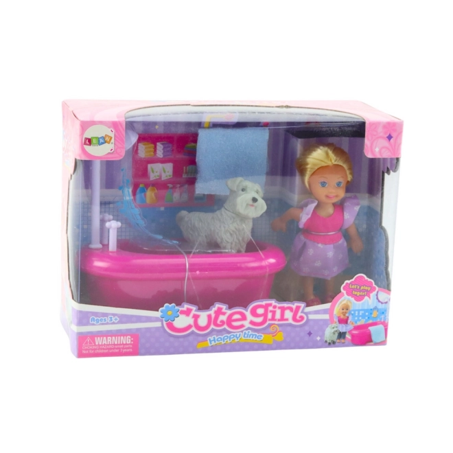 Mini set de păpușă cu cadă și cățel alb