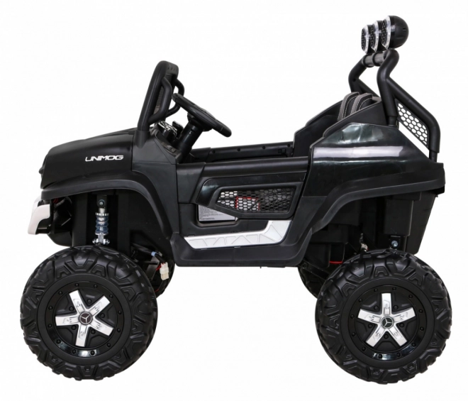 Mercedes Benz Unimog pentru copii negru + tracțiune 4x4 + telecomandă + spațiu pentru bagaje + pornire lentă + MP3 LED