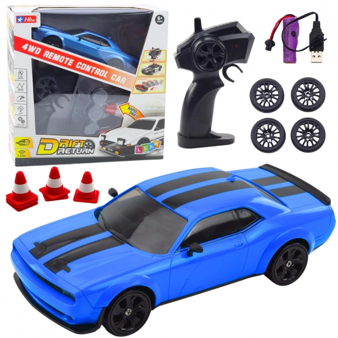 Mașinuță sport drift cu roți interschimbabile și telecomandă RC 4WD albastră