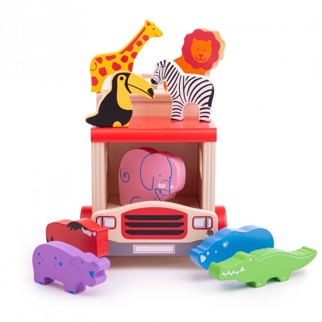 Camion de lemn Safari cu animale Bigjigs Toys