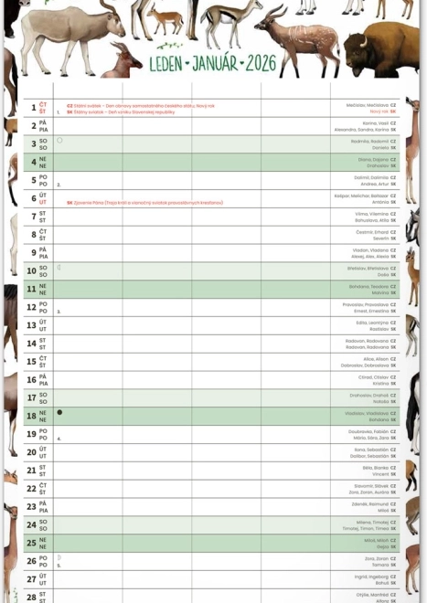 Calendar de perete Planificator de familie 2026 cu ilustrații Animalium