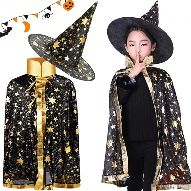 Costum de vrăjitor pentru copii cu stele – pelerină și pălărie pentru Halloween