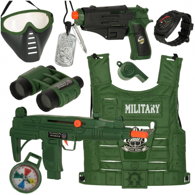 Set militar cu vestă, pușcă și binoclu