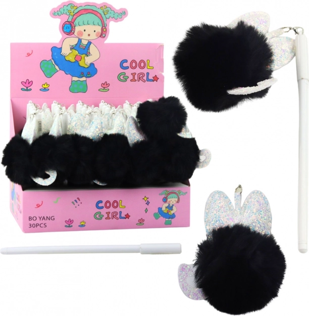 Pix gel cu pompon negru, cerneală albastră 17 cm 0,5 mm