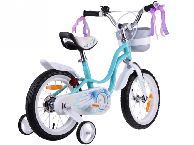 Bicicletă pentru copii Royalbaby Little Swan 14" cu coș și roți ajutătoare – turcoaz