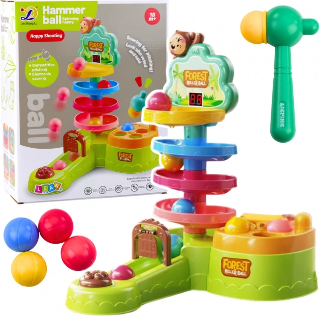 Pista cu bile Interactivă Tobogan Sensorial Catapultă cu Ciocănel