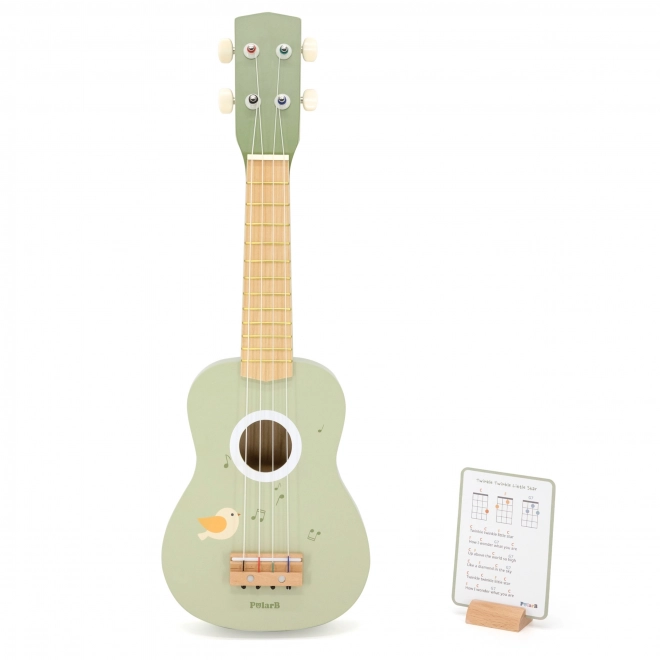 Ukulele din lemn pentru copii verde cu note muzicale