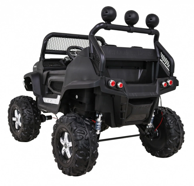 Mercedes Benz Unimog pentru copii negru + tracțiune 4x4 + telecomandă + spațiu pentru bagaje + pornire lentă + MP3 LED