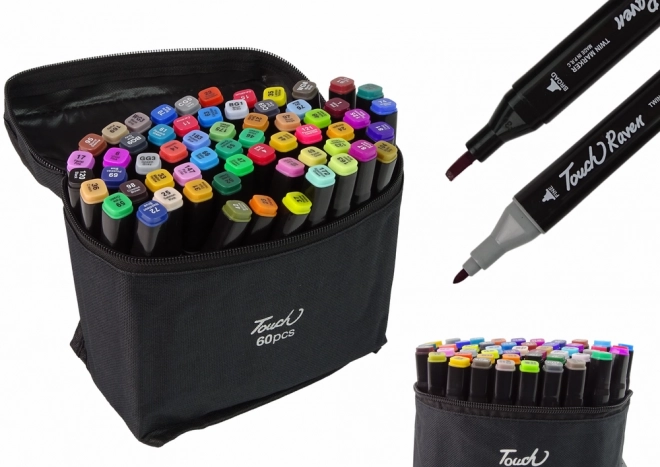 Set de markere pe bază de alcool Touch Raven 60 bucăți cu vârfuri duble