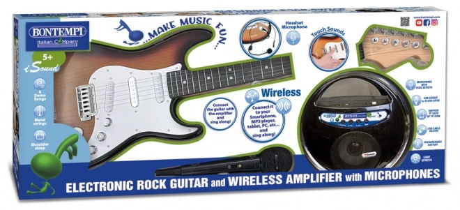 Chitară electrică rock cu amplificator și microfon
