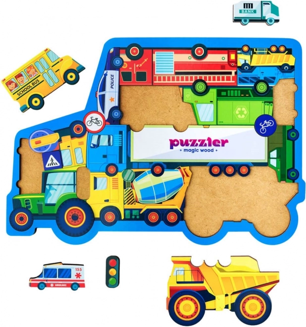 Puzzle din lemn cu mijloace de transport