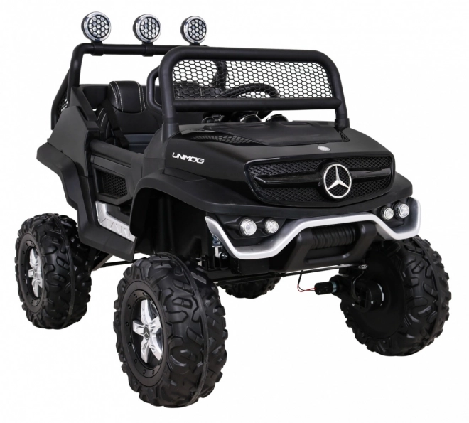 Mercedes Benz Unimog pentru copii negru + tracțiune 4x4 + telecomandă + spațiu pentru bagaje + pornire lentă + MP3 LED