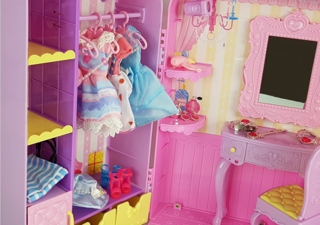 Dressing cu iluminare și oglindă, păpușă 26 cm, set vestimentație și accesorii