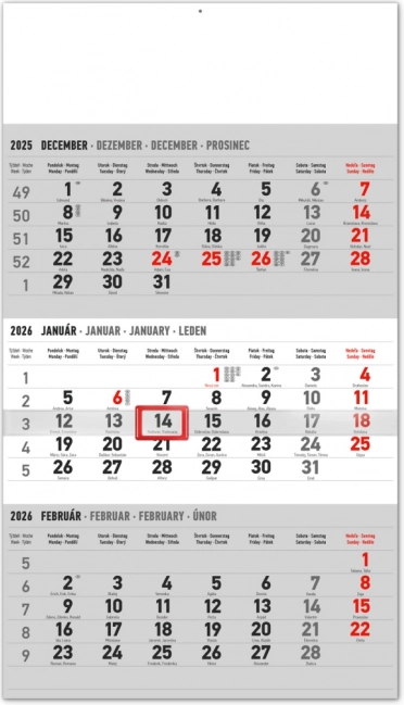 Calendar de perete trimestrial cu nume slovace 2026, gri