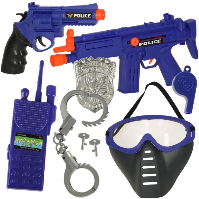 Set de joacă de poliție cu pistol, carabină, mască și cătușe