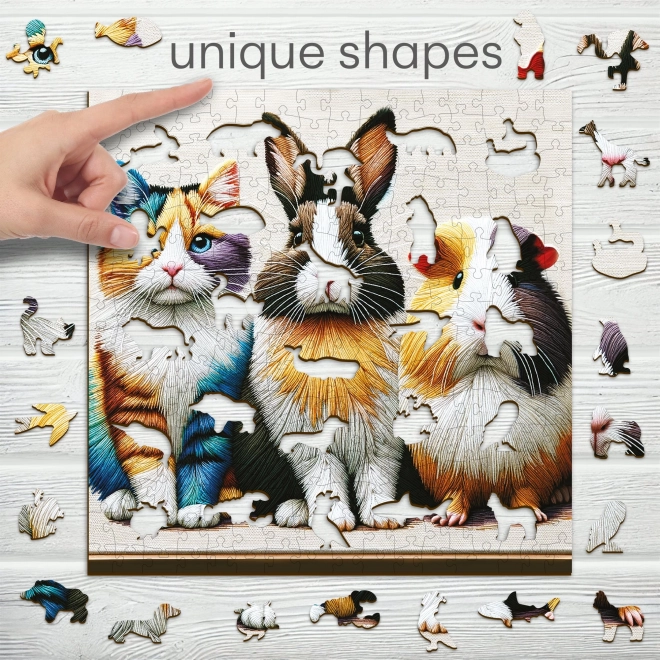 Puzzle din lemn cu pisică, iepure și cobai