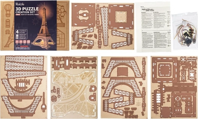 Puzzle 3D din lemn Noaptea Turnului Eiffel, luminoase