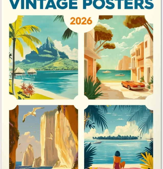 Calendar de perete Afișe vintage Paradisuri tropicale 2026