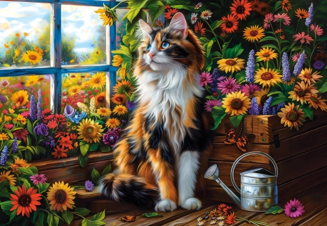 Puzzle 1000 de piese Pisica printre flori