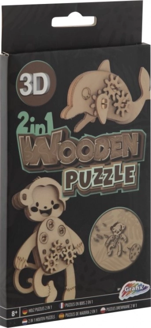 Puzzle 3D din lemn 2 în 1 maimuță și delfin