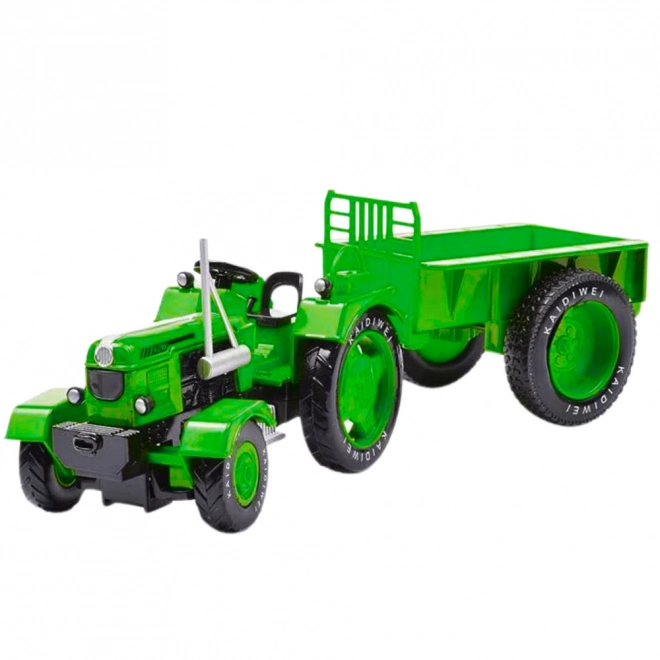 Tractor metalic verde cu remorcă, scară 1:18