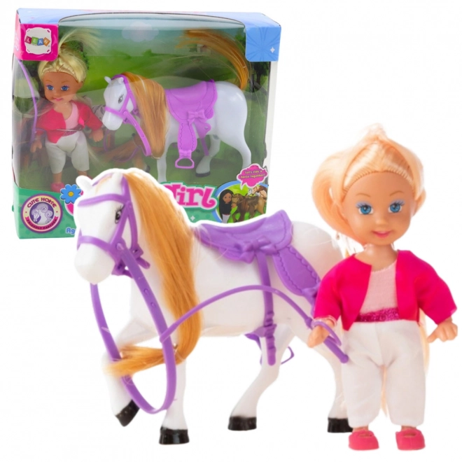 Set mini păpușă cu căluț în ținută de călărie