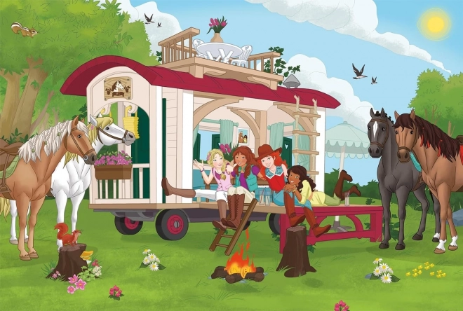 Puzzle schleich la foc de tabără cu caravana 100 piese și figurina schleich