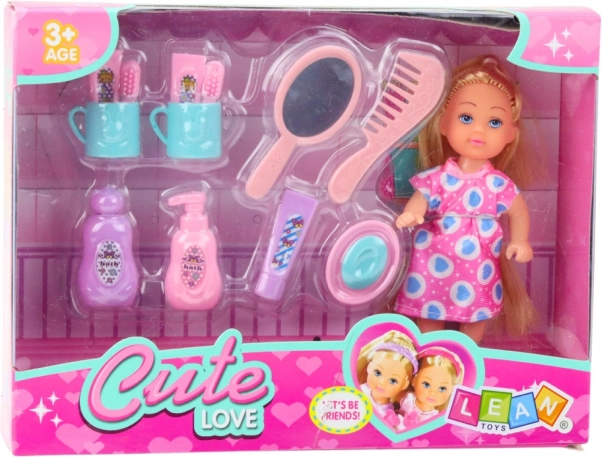 Set Mini Păpușă Îngrijire Păr Rochie Roz